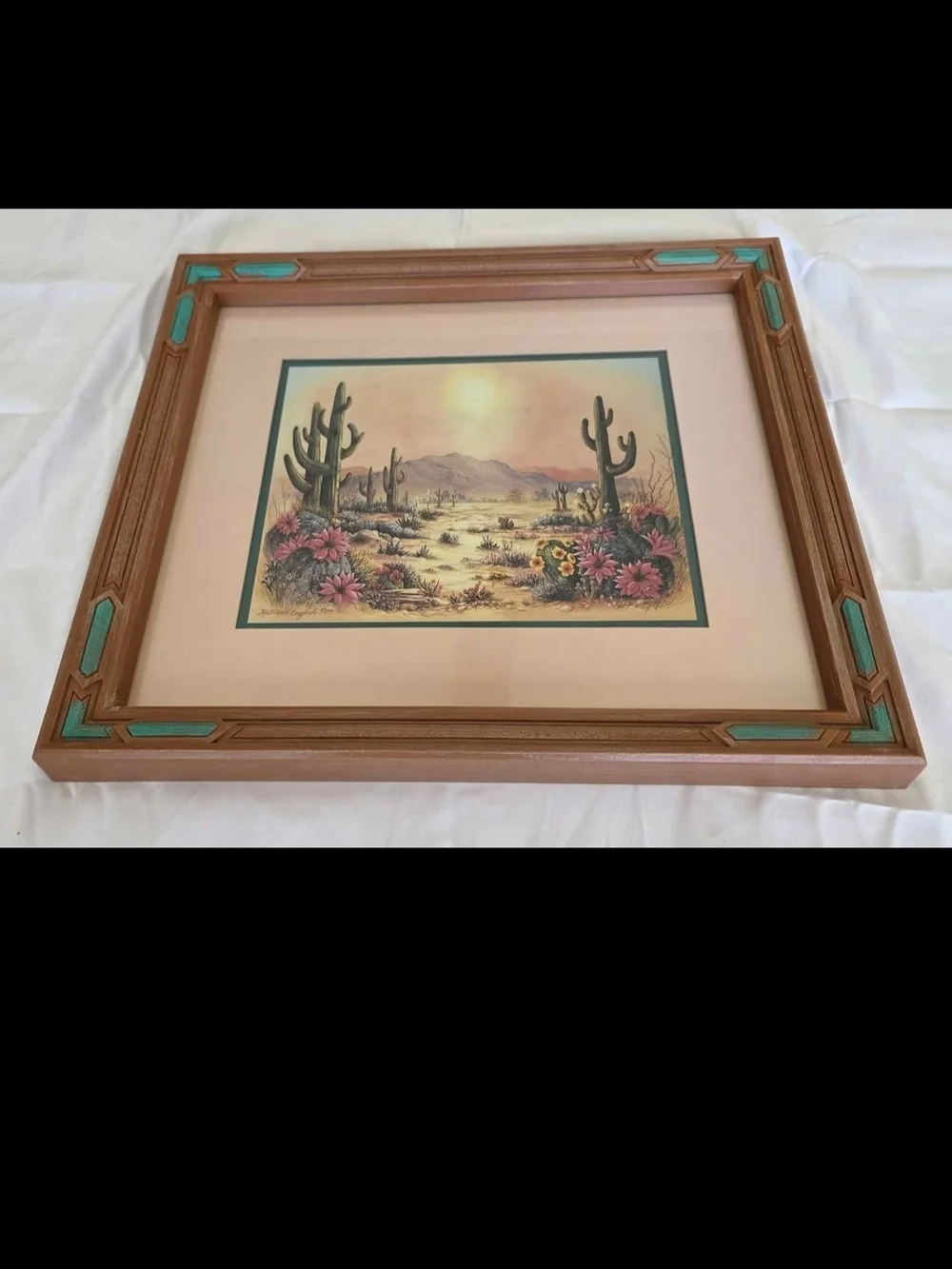 Vintage Kathleen English-Pitts Desert Print HOMCO Faux Wood Frame Teal Accent